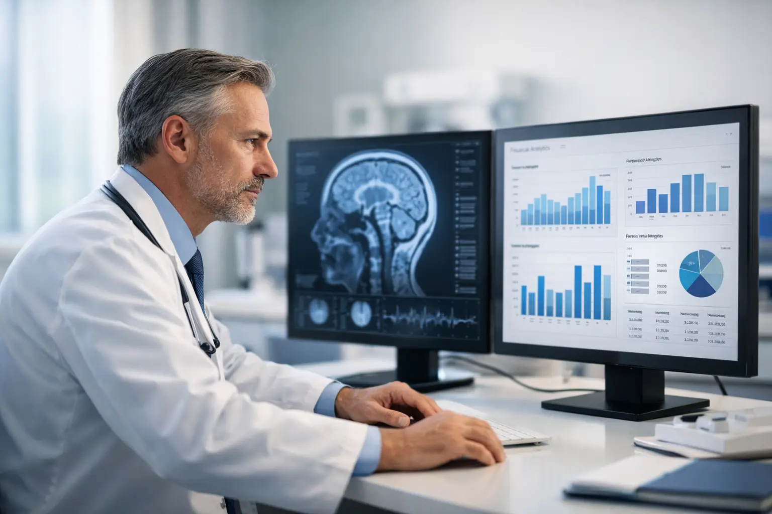 Neurologist analyzing patient data and finances