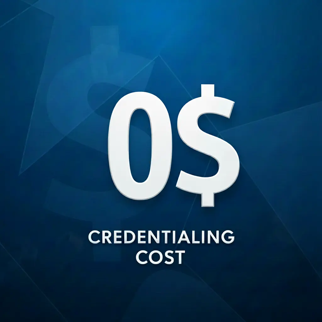 A professional promotional graphic for a California medical billing company offering $0 credentialing services for new healthcare providers upon onboarding.